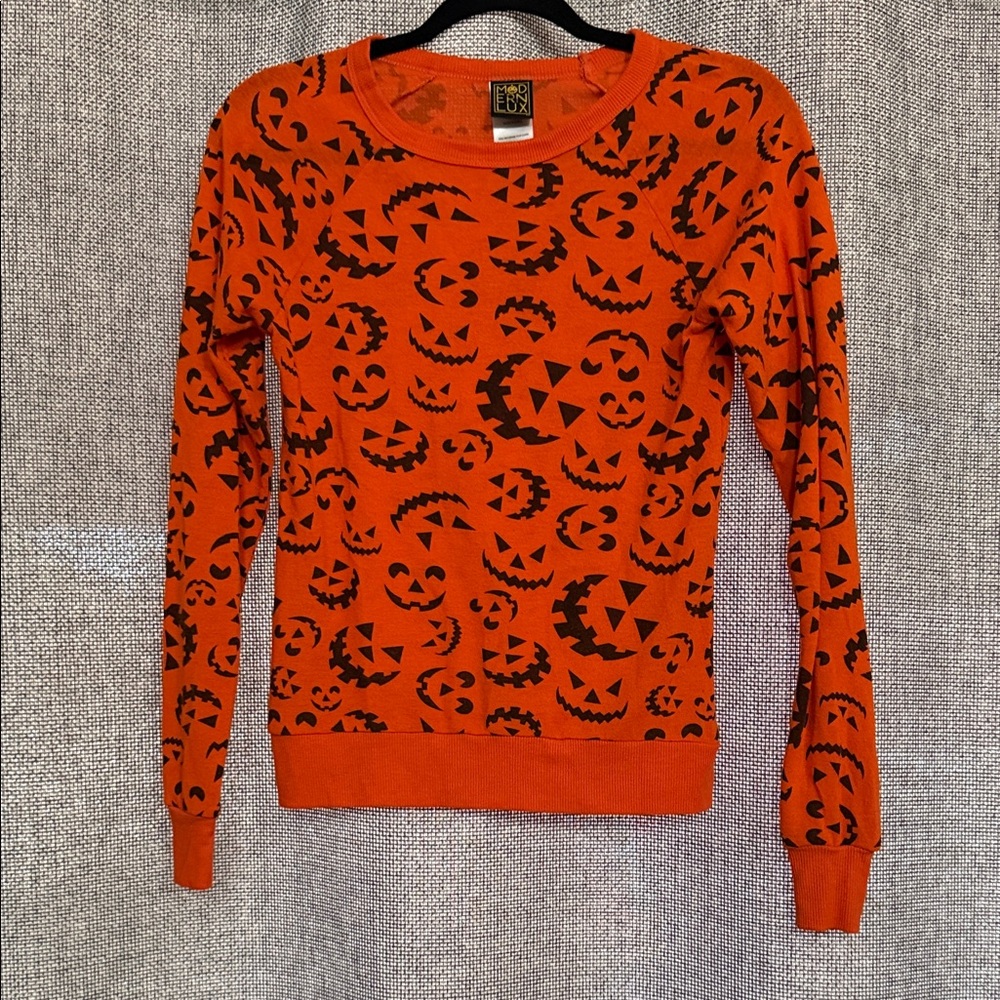 Modern Lux Orange Black Halloween Long Sleeve Tee Jack o lanterns Spooky Season